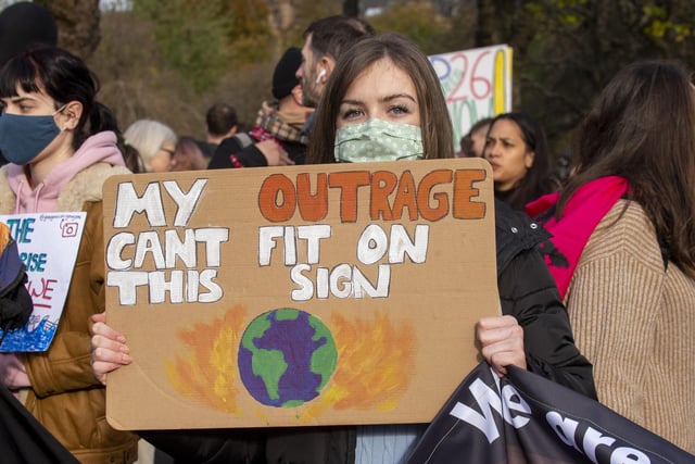 One angry protester was unable to fit what she wanted to say on a sign, so simply wrote 'My outrage can't fit on this sign'.




Fridays for Future Climate March takes to the streets of GLasgow this afternoon,