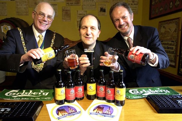 Pictured at the launch of two new beers at the Kelham Island Brewery are the Provost of Sheffield Cathedral, The Very Reverend Michael Sadgrove,The Lord Mayor of Sheffield, Councillor Trevor Bagshaw and Kelham Island Brewery owner Dave Wickett, April 5, 2000