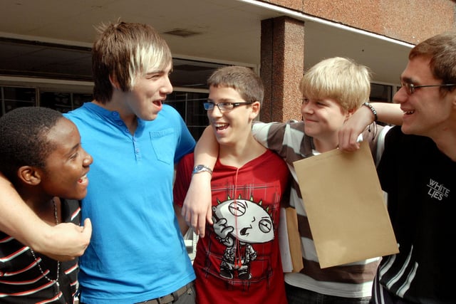 2009 GCSE result day students  from the left are James Kusena, Andrew Beniston, Ryan Truman, Daniel Moore and Luke Orton
