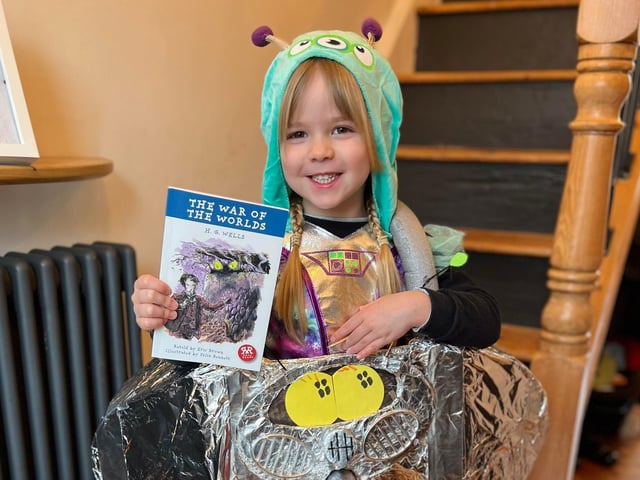 Morgan aged 5 from Copnor dressed as a Martian complete with a Martian tripod from HG Wells War of the Worlds for World Book Day.