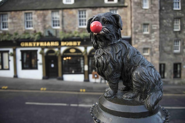 Greyfriars Bobby wears a red nose to mark the 20th Anniversary of Comic Relief in February 2019.