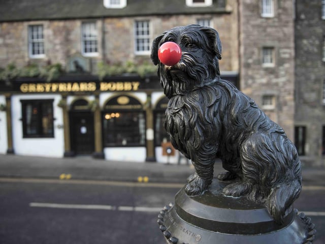 Greyfriars Bobby wears a red nose to mark the 20th Anniversary of Comic Relief in February 2019.