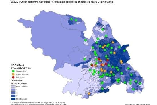 A map shown to Sheffield City Council's health and wellbeing board, pointing out links between levels of childhood immunisation and social deprivation