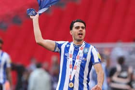 LONDON, ENGLAND - MAY 29: Reece James of Sheffield Wednesday celebrates after the team's victory and promotion to the Sky Bet Championship in the Sky Bet League One Play-Off Final between Barnsley and Sheffield Wednesday at Wembley Stadium on May 29, 2023 in London, England. (Photo by Catherine Ivill/Getty Images)