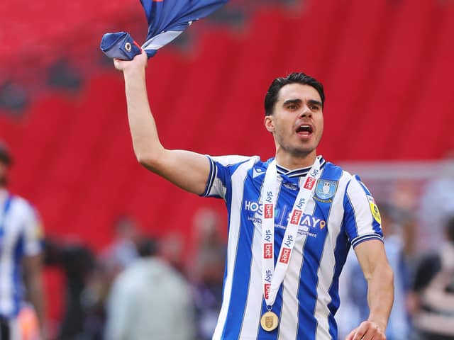 LONDON, ENGLAND - MAY 29: Reece James of Sheffield Wednesday celebrates after the team's victory and promotion to the Sky Bet Championship in the Sky Bet League One Play-Off Final between Barnsley and Sheffield Wednesday at Wembley Stadium on May 29, 2023 in London, England. (Photo by Catherine Ivill/Getty Images)