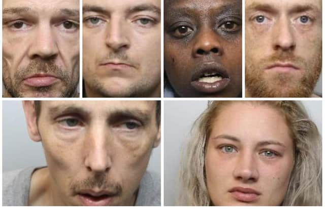 All of the defendants pictured here have been jailed for robbery or attempted robbery 
Top row, left to right: Paul Smith; Benjamin Mellor; Fahima Ismail; Alexander Riley
Bottom row, left to right: Gary Day; Melody Wolf