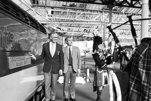 Former Edinburgh Lord Provost Kenneth Borthwick (left) and Scotrail's Chris Green with the newly-named Inter-City 125 train - "XIII Commonwealth Games Scotland 1986" - at Waverley station, March 1985.