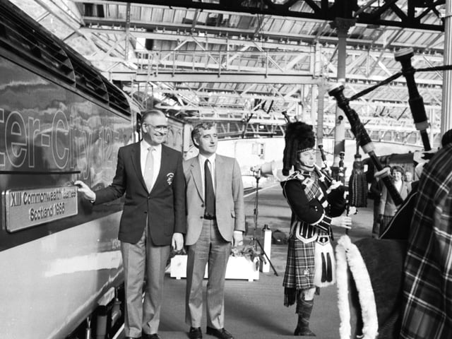 Former Edinburgh Lord Provost Kenneth Borthwick (left) and Scotrail's Chris Green with the newly-named Inter-City 125 train - "XIII Commonwealth Games Scotland 1986" - at Waverley station, March 1985.