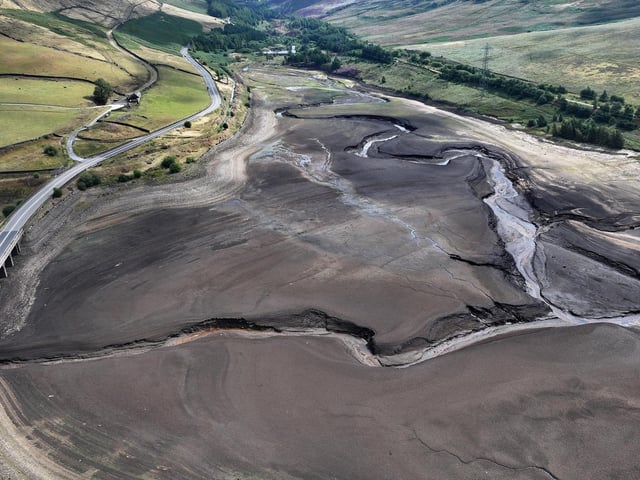 Very low water levels impact the Woodhead Reservoir in Derbyshire