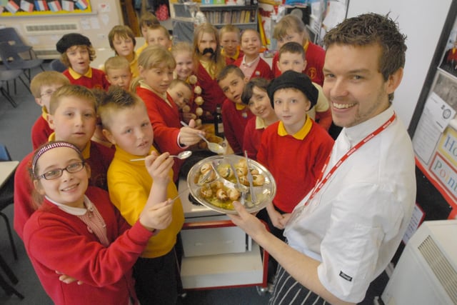 Chef Jimmy Shadforth from D'ACQUA Sunderland with pupils from Jarrow Cross School and teacher Laura Morgan. But what was this all about in 2013?