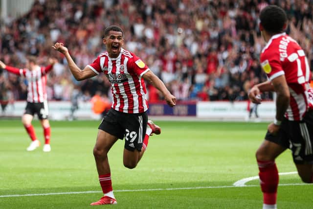 Sheffield United's Iliman Ndiaye celebrates scoring his side's first goal of the game during the Sky Bet Championship match at Bramall Lane. Picture: Isaac Parkin/PA Wire.