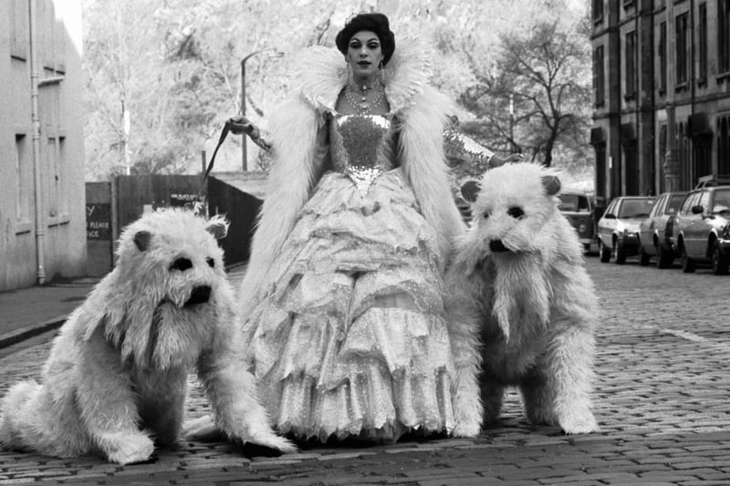Andrea Miller and two 'polar bears' take a break from rehearsals of the Snow Queen pantomime at the Lyceum theatre in Edinburgh, November 1984.