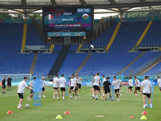 Wales train at the Olimpico Stadium in Rome ahead of their clash with Italy. Photo by Mike Hewitt/Getty Images