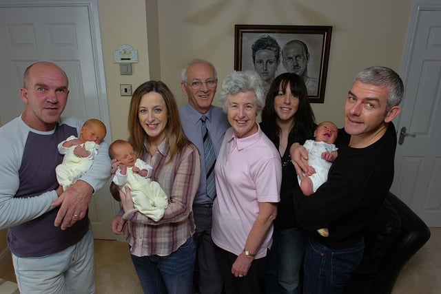 Grandparents Sylvia and Ron Cowlishaw,centre, with Terry and Julie Anson,left, with twins Louie and Alicia; and right Deborah Cowlishaw and Tim Thompson with Callum back in 2005