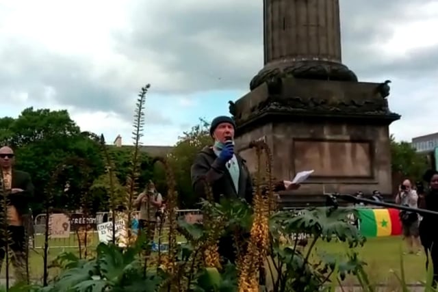 Trainspotting author Irvine Welsh also addressed the attendees, heavily criticising the statue of Henry Dundas in St Andrew Square, calling its presence atop the Melville Monument "a f**cking embarrassment".