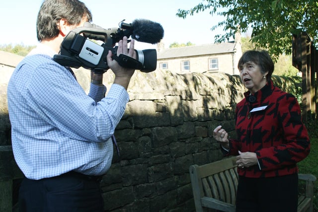Organiser Sheila Greaves is interviewed for television at the special reunion for the Dethick family held at the Florence Nightingale Memorial Hall in Holloway.