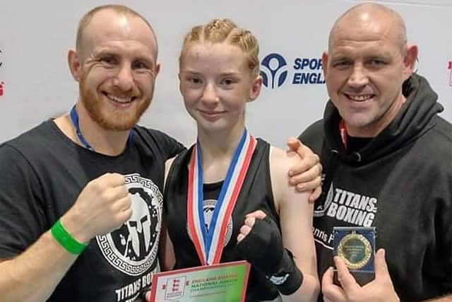 John Fewkes (left) has been inspired to get back in the ring by his neice, national amateur champion Millie Fairfax. Also pictured is Graham Dickinson, who trains Millie alongside John.
