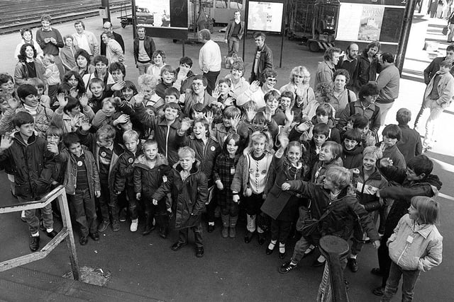 Excited children of miners pictured at Sheffield Midland Station before leaving for a trip to Blackpool during the miners strike, October 6, 1984