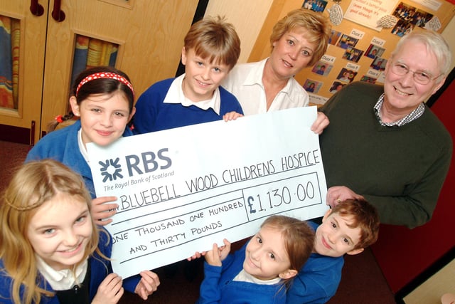 Cheque presentation from Woodsetts Primary to Bluebell Wood Children's Hospice for £1,130 in 2007
