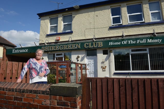 Club stewardess Anita Richardson outside Shirebrook WMC in Sheffield in August 2017, on the 20th anniversary of the release of the film The Full Monty. The famous final strip scene was filmed in the club, which has sadly now closed