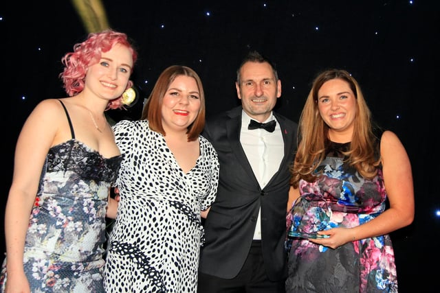 Great2, New Business of the Year Award winners. Phil Bramley, Derbyshire Times Editor, pictured presenting the award to Katy Vickers, Hannah Finney and Robyn Parker.