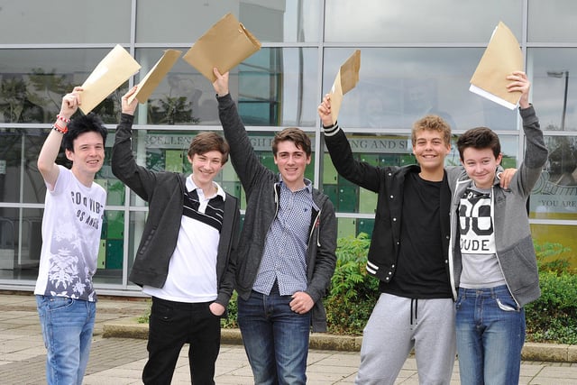 Smiles all round for Gary Tate, Nathan Thompson, Alex Burrell, Michael Johnson and Jay Peterson after getting their GCSE results at St Wilfrid's College, in South Shields, in 2015.
