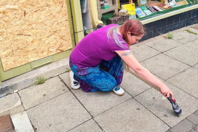 Two Sheffield shops less than a mile apart suffered break-ins in the early hours on Sunday night. Anwen Fryer cleared glass off the pavement outside her shop, Airy Fairy, to make sure no digs were injured by broken glass