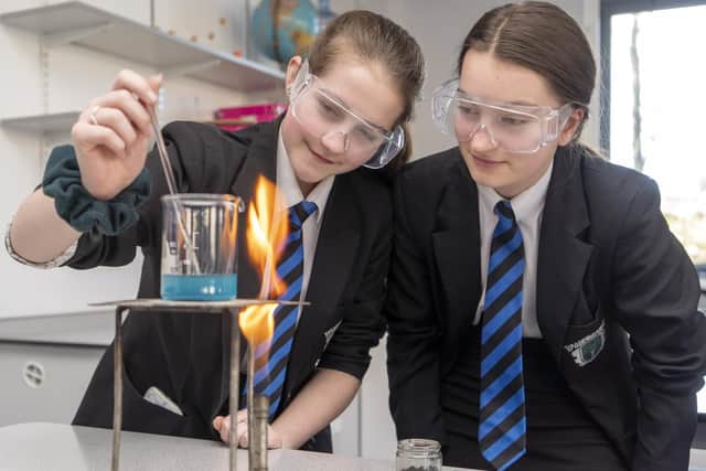 Bradfield School pupils Emily Dukes and Lola Middleton-Welch during a science lesson.