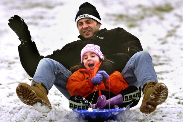 Enjoying the snow in Longley Park in January 2001 was Gareth Evans with his 6 years old daughter Lauren from Longley