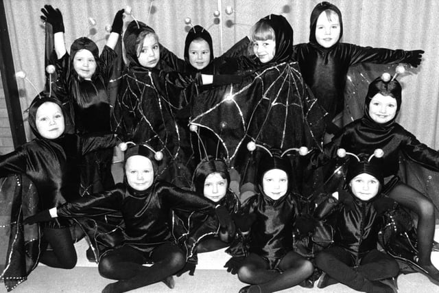 Throston School of Dance's panto rehearsal was photographed in November 1994.  Pictured are Leah Wallace, Danielle Bradwell, Ashley Tweddle, Danielle Middleton, Samantha Wilson, Sally Hope, Abbey Swinbourne, Claire Fothergill, Adele Peak, Sophie Barrett, Hannah Swift, Melanie Baker, Franchesca Sah and Hannah Stamp.