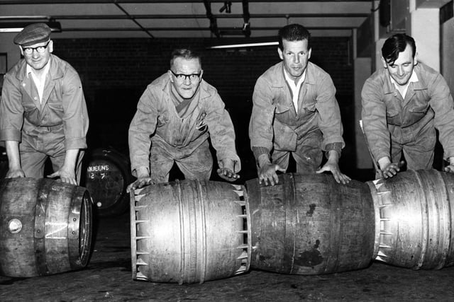 Barrel rolling at Tennant's Exchange Brewery, Sheffield, July 1962