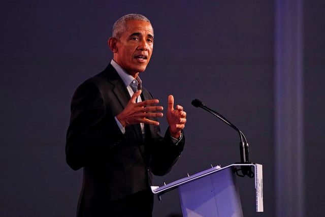 Former US president Barack Obama gives a speech during the Cop26 summit at the Scottish Event Campus (SEC) in Glasgow.
