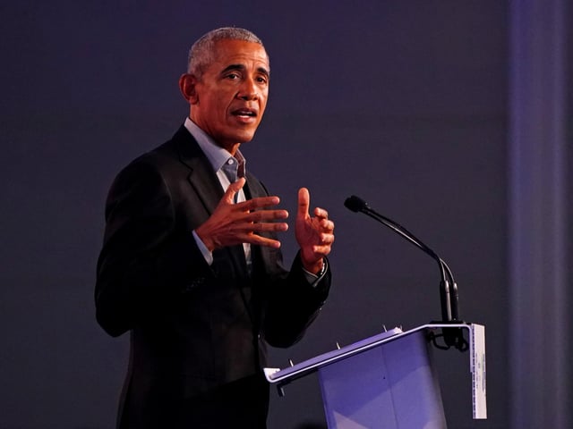 Former US president Barack Obama gives a speech during the Cop26 summit at the Scottish Event Campus (SEC) in Glasgow.