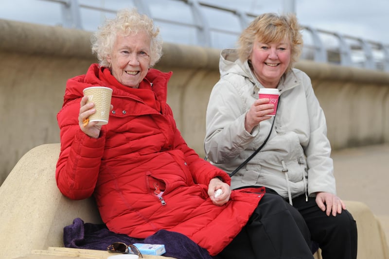 Sheila Palmer and Jean Donkin enjoying a Minchella's coffee at the Littlehaven Beach in South Shields.