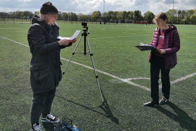 Ruth Johnson, right, and Laura Page filming at Sheffield Hallam University Sports Park, Bawtry Road, Tinsley for the Stoppage Time film on women's football history