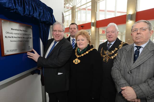 Mansfield Bus Station officially opens. Station was officially opened by MP Patrick McLoughlin in 2013, pictured with MP Mark Spencer, Chairman of Notts County Council Coun Carol Pepper, Mayor of Mansfield Coun Tony Egginton and MP Alan Meale.