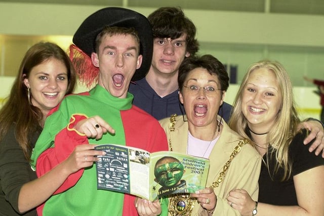 The Lord Mayor of Sheffield, Councillor Mrs Diane Leek, has something to shout about at the launch of this year's Sheffield Children's Festival with skating jester, Havid Hartley, and Alex Jowitt, Jack William and Anna Vickers at iceSheffield, June 9, 2003