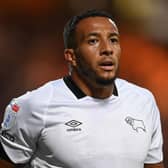 MANSFIELD, ENGLAND - AUGUST 09: Nathaniel Mendez-Laing of Derby looks on during the Carabao Cup First Round match between Mansfield Town and Derby County at Field Mill on August 09, 2022 in Mansfield, England. (Photo by Michael Regan/Getty Images)
