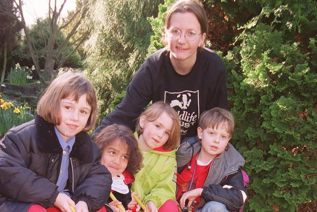 Patrick Ball, Jessica Farrell, Rachel Hewitt and Lucy Arnold with Katherine Packer of the Wildlife Trust for the Frog Fun Day held at the Botanical Gardens in 1998