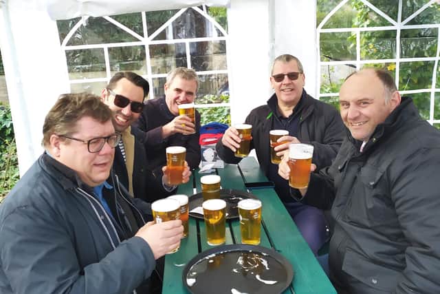 Five friends doubling-up at the Stags Head Sheffield on the first pub visit following the relaxation of the rules on April 12.
