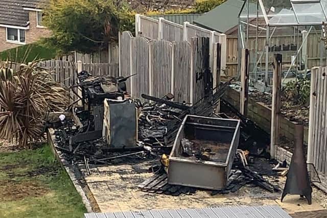 The aftermath of the fire, started by a tumble dryer, which destroyed Natalie Ullyatt's garden shed at her home in Chapeltown, Sheffield