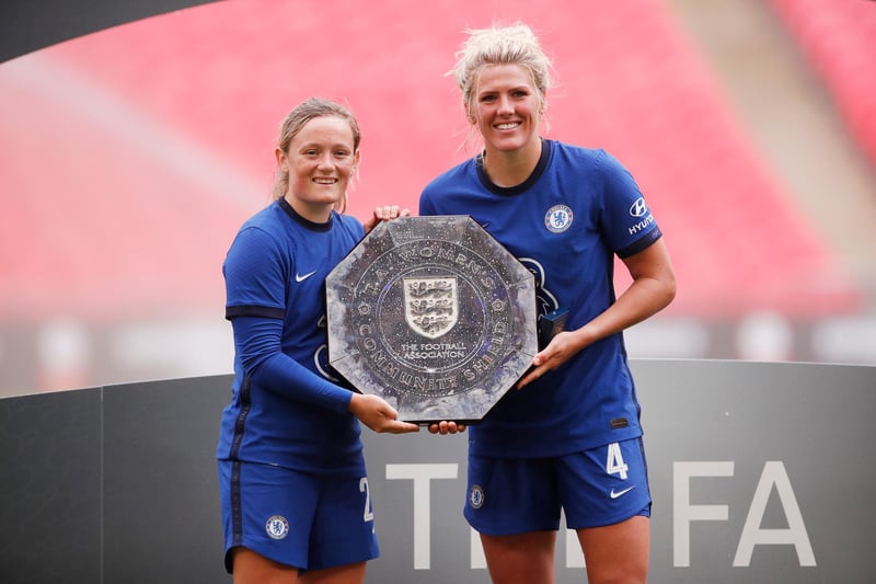 Goalscorers Erin Cuthbert and Millie Bright celebrate with the Community Shield Trophy following their team's victory over Man City.