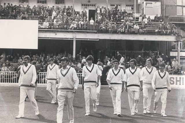 Geoff Boycott leads the Yorkshire players out onto the Bramall Lane pitch in August 1973.