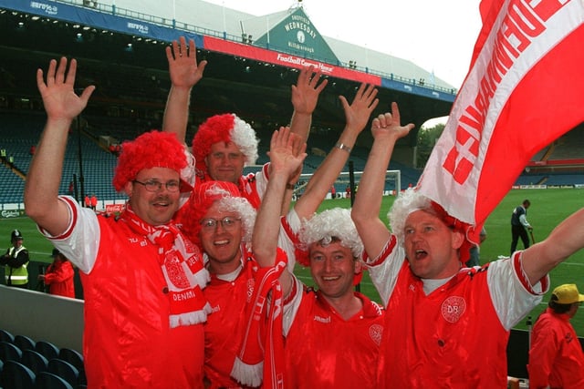 Danish fans waving good-bye to Sheffield and Euro 96 after their country's last  game at Hillsborough in which they failed to qualify for the Quarter Finals. Photo: Steve Ellis