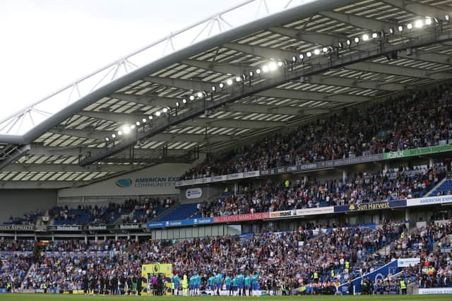 BRIGHTON, ENGLAND - AUGUST 28: A General view as the teams line up prior to kick off during the Premier League match between Brighton & Hove Albion and Everton at American Express Community Stadium on August 28, 2021 in Brighton, England. (Photo by Steve Bardens/Getty Images)