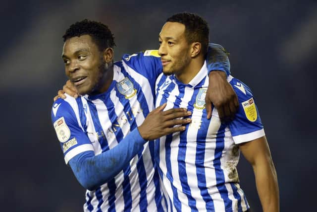 Nathaniel Mendez-Laing celebrates his first Sheffield Wednesday goal with Fisayo Dele-Bashiru.