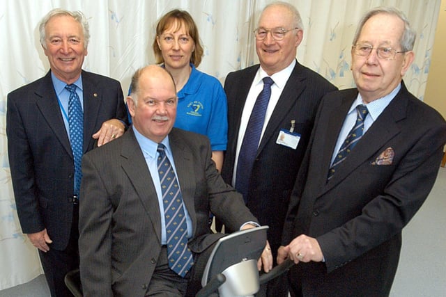 Freemasons of Mansfield presented a new excercise bike to the Physiotherapy  Department at King's Mill Hospital in 2007. From left are Phil Bustin Charity Steward,Peter Wharmby Charity Steward ,Julie Douglas Cardiac Rehabilitation Nurse,BF Voisey Volunteer , Michael Butt Chairman of Charity Stewards