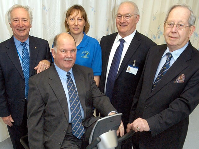 Freemasons of Mansfield presented a new excercise bike to the Physiotherapy  Department at King's Mill Hospital in 2007. From left are Phil Bustin Charity Steward,Peter Wharmby Charity Steward ,Julie Douglas Cardiac Rehabilitation Nurse,BF Voisey Volunteer , Michael Butt Chairman of Charity Stewards