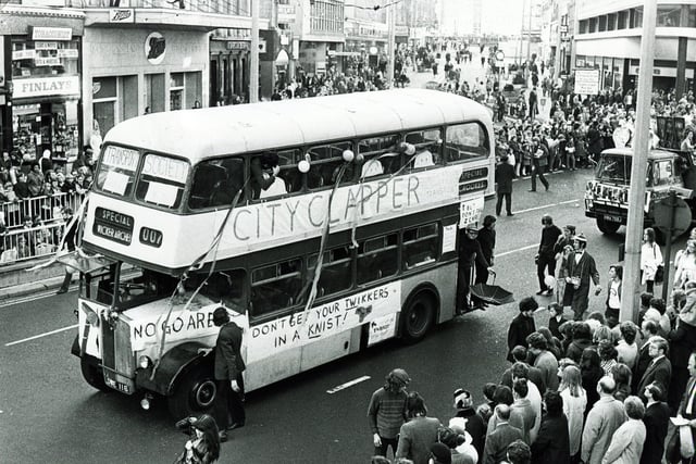 The City Clapper makes its way down High Street in the 1972 Sheffield University Rag Parade, October 28, 1972
