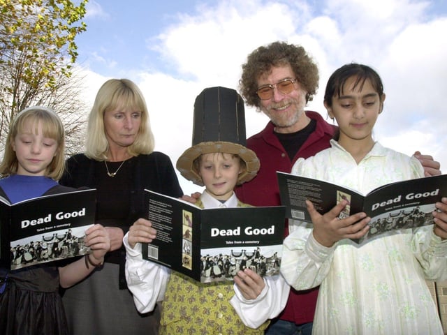 Childrens author Alan Brown launches his new book 'Dead Good' at Porter Croft School. The book is based on Sheffield characters buried in the General Cemetery. Pictured is Alan and headteacher Jane Middleton with pupils Naomi Kurpiel, Luke Broadhurst and Nisha Sheikh, dressed up as characters in the book